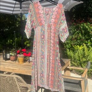 Johnny Was Multi Print Midi Kimono Sleeve Dress VNeck Boho Chic Beach XS